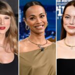 Dois brincos de corrente dourada com cinco diamantes cada.