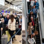 Viajantes na fila de entrega de bagagem self-service da Delta no Aeroporto Metropolitano de Detroit Wayne County.
