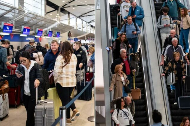 Viajantes na fila de entrega de bagagem self-service da Delta no Aeroporto Metropolitano de Detroit Wayne County.