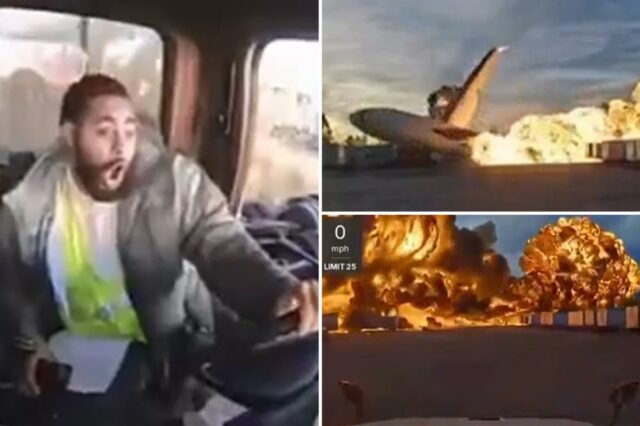 Vídeo inacreditável mostra avião da UPS rolando e explodindo em Vídeo inacreditável mostra avião da UPS rolando e explodindo em bolas de fogo do motorista do caminhão atordoado: 'Oh, merda!'