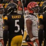 O recebedor do Bengals, Ja'Marr Chase (l.), cospe no cornerback do Steelers, Jalen Ramsey (r), em 16 de novembro de 2025.