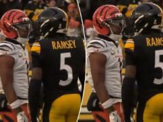 Vídeo mostra Ja’Marr Chase cuspindo em Jalen Ramsey antes do soco O recebedor do Bengals, Ja'Marr Chase (l.), cospe no cornerback do Steelers, Jalen Ramsey (r), em 16 de novembro de 2025.