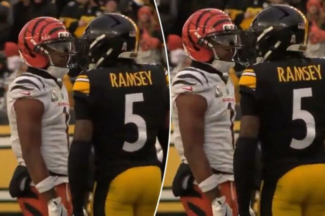 Vídeo mostra Ja'Marr Chase cuspindo em Jalen Ramsey antes do O recebedor do Bengals, Ja'Marr Chase (l.), cospe no cornerback do Steelers, Jalen Ramsey (r), em 16 de novembro de 2025.