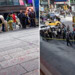 Polícia e transeuntes atrás de fita amarela com suspeitas de manchas de sangue no chão da Times Square.