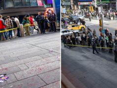 Vítima esfaqueada duas vezes na Times Square, Nova York, em plena luz do dia, diz a polícia Polícia e transeuntes atrás de fita amarela com suspeitas de manchas de sangue no chão da Times Square.