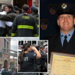 Viúva e irmãos do FDNY do bombeiro caído Patrick Brady choram enquanto bandeiras são colocadas no corpo de bombeiros