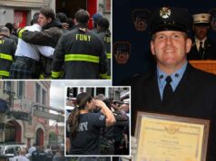 Viúva e irmãos do FDNY do bombeiro caído Patrick Brady choram enquanto bandeiras são colocadas no corpo de bombeiros Viúva e irmãos do FDNY do bombeiro caído Patrick Brady choram enquanto bandeiras são colocadas no corpo de bombeiros