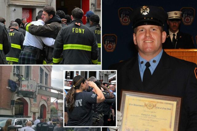 Viúva e irmãos do FDNY do bombeiro caído Patrick Brady Viúva e irmãos do FDNY do bombeiro caído Patrick Brady choram enquanto bandeiras são colocadas no corpo de bombeiros