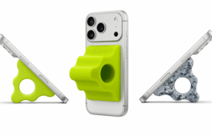 Você sabia que a Apple lançou um novo produto hoje? Obtenha o punho do telefone Hikawa. Um iPhone fica horizontalmente com um acessório em forma de pirâmide magnetizado na parte traseira. O acessório é feito de silicone multicolorido e possui saliências nas laterais, além de um grande orifício no centro.