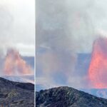 Fonte de lava e um turbilhão de fumaça saindo de um vulcão.