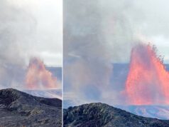‘Volnado’ gigante gira enquanto o Kilauea entra em erupção no Havaí Fonte de lava e um turbilhão de fumaça saindo de um vulcão.