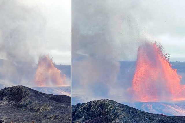 Fonte de lava e um turbilhão de fumaça saindo de um vulcão.