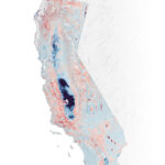 Este mapa mostra áreas onde as terras da Califórnia estão afundando devido ao afundamento de terras. Quanto mais profunda a cor azul, mais a terra caiu entre 2015 e 2023, segundo a NASA.