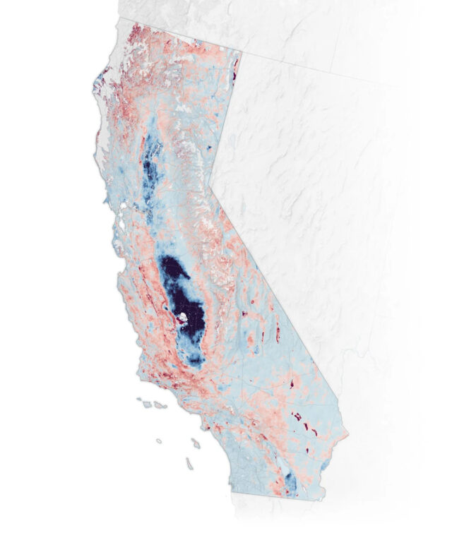 Workshop sobre águas subterrâneas analisa a segurança hídrica do condado Este mapa mostra áreas onde as terras da Califórnia estão afundando devido ao afundamento de terras. Quanto mais profunda a cor azul, mais a terra caiu entre 2015 e 2023, segundo a NASA.