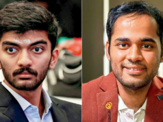 Xadrez: D Gukesh segurado por Svane; Arjun Erigaisi Erigaisi. Xadrez: D Gukesh segurado por Svane; Arjun Erigaisi Erigaisi.