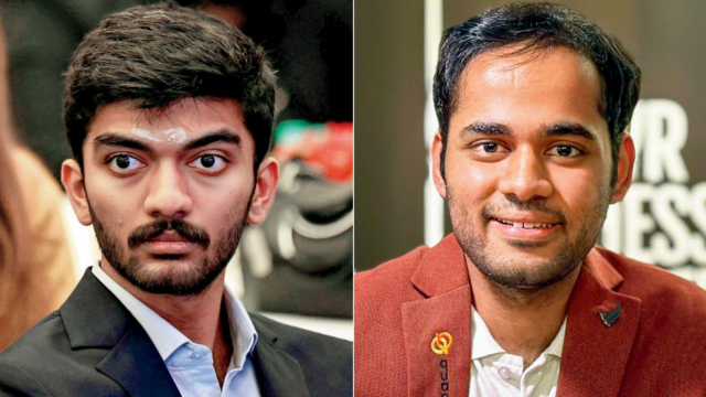 Xadrez: D Gukesh segurado por Svane; Arjun Erigaisi Erigaisi. Xadrez: D Gukesh segurado por Svane; Arjun Erigaisi Erigaisi.