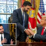 O presidente dos EUA, Donald Trump, aperta a mão do prefeito eleito de Nova York, Zohran Mamdani, no Salão Oval.