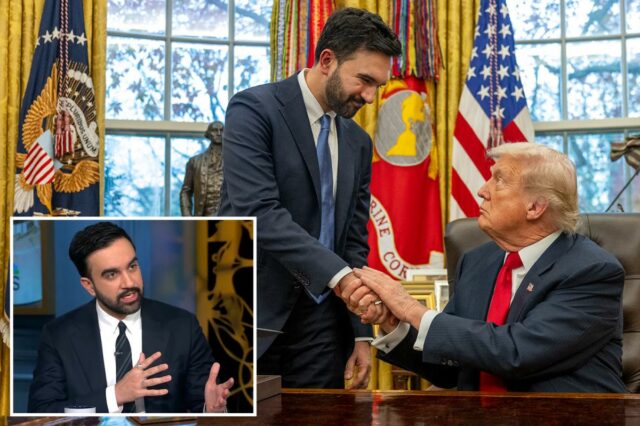 O presidente dos EUA, Donald Trump, aperta a mão do prefeito eleito de Nova York, Zohran Mamdani, no Salão Oval.