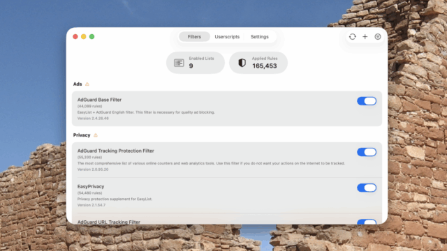 A integração do wBlock, perguntando quais filtros você gostaria de ativar.