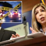 O promotor distrital do condado de San Diego, Summer Stephan, anuncia acusações do grande júri enquanto está cercado por policiais e evidências, incluindo um