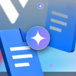 Uma ilustração estilizada de uma interface minimalista do Google Docs, com dois logotipos azuis do Google Docs flutuando