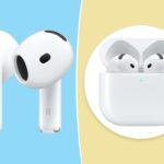 Dois AirPods brancos, um deles rotulado com R.