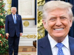 A Casa Branca postou uma foto de Trump perto de uma árvore de Natal, e sua mão parece… interessante Uma pessoa de terno, olhos fechados e lábios franzidos, sentada em um ambiente formal