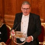 Sir Keir Starmer falando durante o banquete anual Lady Mayor no Guildhall, no centro de Londres