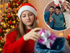 A Geração Z, preocupada com o orçamento, diz que ‘aparecer é o presente’ nesta temporada de férias Uma jovem infeliz com chapéu de Papai Noel joga um presente de Natal em uma lixeira.