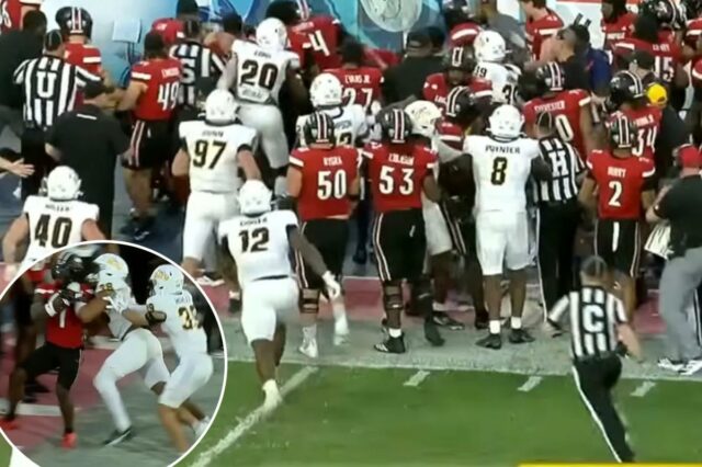 A briga lateral começa nos momentos finais do jogo Louisville-Toledo Bowl por causa do golpe tardio
