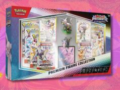 A coleção de figuras premium Prismatic Evolutions do Pokémon TCG custa US $ 27 a menos no TCGplayer vs. Umbreon ex - 161/131, Sylveon ex - 156/131 e Leafeon ex - 144/131 em um fundo estampado roxo