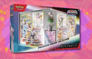 A coleção de figuras premium Prismatic Evolutions do Pokémon TCG custa US $ 27 a menos no TCGplayer vs. Umbreon ex - 161/131, Sylveon ex - 156/131 e Leafeon ex - 144/131 em um fundo estampado roxo