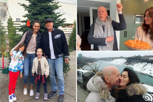 A esposa de Bruce Willis diz que a alegria do Natal pode parecer 'emaranhada em uma teia de tristeza' enquanto a estrela luta contra a demência
