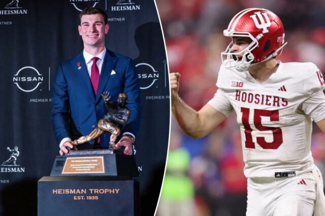 A estrela de Indiana, Fernando Mendoza, vence o Heisman 2025 O finalista do Heisman Trophy, quarterback do Indiana, Fernando Mendoza, posa com o troféu após uma entrevista coletiva de futebol universitário da NCAA antes da cerimônia de premiação, sábado, 13 de dezembro de 2025, em Nova York.