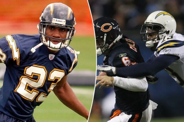 A ex-estrela do Chargers, Quentin Jammer, admite aleatoriamente ter sido O cornerback do San Diego Chargers, Quentin Jammer (23), em um treino.