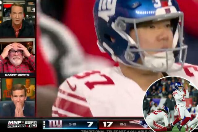 O chutador do New York Giants, Younghoe Koo (37), tenta uma tentativa de chute.