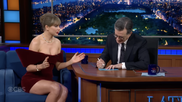 A ideia do romance de mistério de Taylor Swift para A ideia do romance de mistério de Taylor Swift para Stephen Colbert pós-Late Show é selvagem
