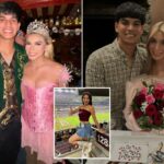 A líder de torcida da Texas A&M, Brianna Aguilera, posa alegremente com o namorado semanas antes de testemunhas ouvirem a dupla discutir antes de seu mergulho fatal
