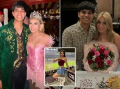 A líder de torcida da Texas A&M, Brianna Aguilera, posa alegremente com o namorado semanas antes de testemunhas ouvirem a dupla discutir antes de seu mergulho fatal A líder de torcida da Texas A&M, Brianna Aguilera, posa alegremente com o namorado semanas antes de testemunhas ouvirem a dupla discutir antes de seu mergulho fatal