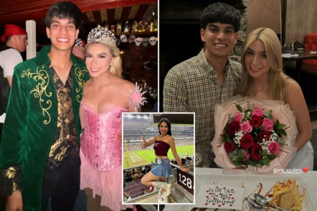 A líder de torcida da Texas A&M, Brianna Aguilera, posa alegremente com o namorado semanas antes de testemunhas ouvirem a dupla discutir antes de seu mergulho fatal
