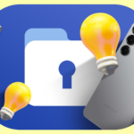 Mulher sorridente usando um smartphone em frente a um ícone do Google Agenda, cercado por uma paleta de cores, um sino de notificação desativado e um rótulo