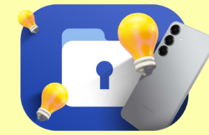 A pasta segura no meu Galaxy não é para segredos – é para equilíbrio entre vida pessoal e profissional Mulher sorridente usando um smartphone em frente a um ícone do Google Agenda, cercado por uma paleta de cores, um sino de notificação desativado e um rótulo