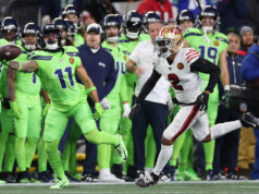 A secundária do 49ers enfrenta grande desafio em Jaxson Smith-Njigba, de Seattle O wide receiver do Seattle Seahawks, Jaxon Smith-Njigba (11), reage após marcar em um touchdown contra o Philadelphia Eagles durante o segundo tempo de um jogo de futebol americano da NFL, segunda-feira, 18 de dezembro de 2023, em Seattle. Os Seahawks venceram por 20-17. (Foto AP/Lindsey Wasson)