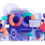 DevOps concept in flat design. Development operations scene template. Team of programmer working at laptop, coding, testing, engineering process. Vector illustration of people characters activities