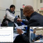 Os candidatos a emprego participam de uma feira de carreiras.