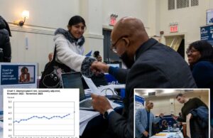 A taxa de desemprego de novembro salta para 4,6% enquanto o mercado de trabalho mostra sinais de fraqueza Os candidatos a emprego participam de uma feira de carreiras.