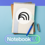 Ilustração do recurso Deep Research do NotebookLM, mostrando uma lupa sobre código binário, o logotipo do NotebookLM e cartões de documentos empilhados.