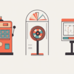 Inovação em jogos de azar. A vida no cinza: por que a inovação nos jogos de azar provém de áreas não regulamentadas. Máquina caça-níqueis ilustrada, botão giratório estilo roleta e terminal de gráfico de dados representando mercados de jogos de azar e previsões.