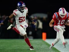 Abdul Carter assume a culpa porque o banco não combina bem com o companheiro de equipe dos Giants: ‘Cresça’ O quarterback do New England Patriots, Drake Maye (10), correndo a bola contra o linebacker do New York Giants, Abdul Carter (51).