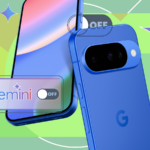 Uma mulher sentada em um sofá usando o telefone, cercada pelos logotipos do Gmail, Drive, Docs, YouTube e Gemini.